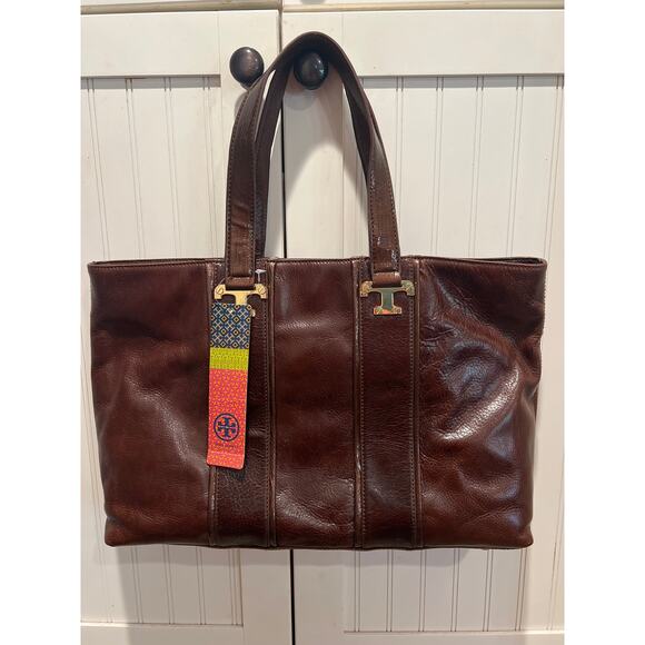 NWT Tory Burch Women's T Monogram-Embossed Nord Anniversary E/W Tote OS Brown - Picture 1 of 9